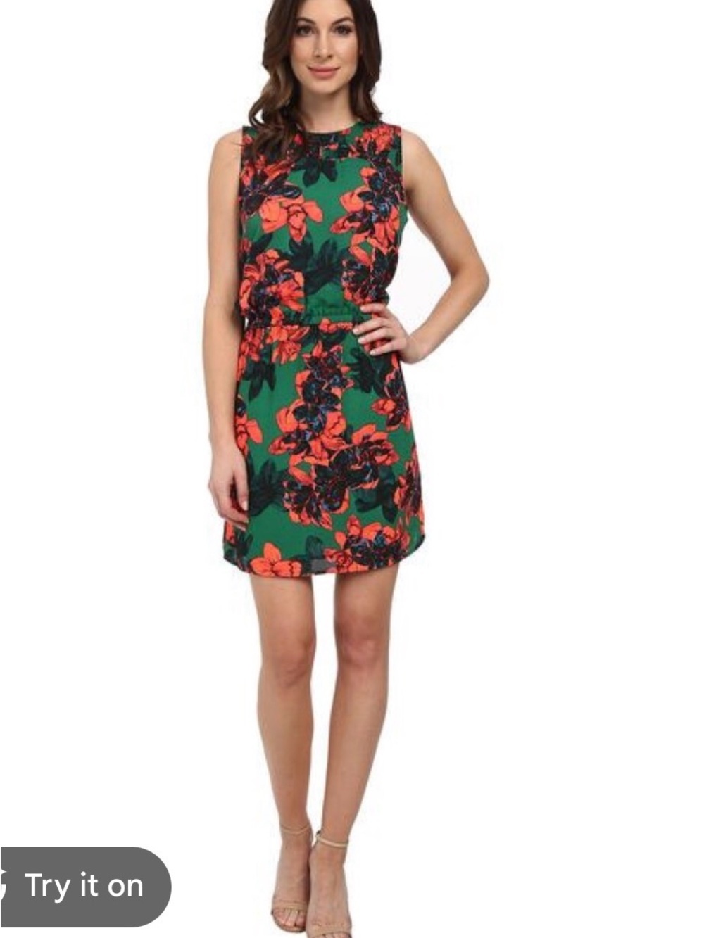 Vince Camuto Green Floral Sleeveless Mini Dress with Coral Blooms